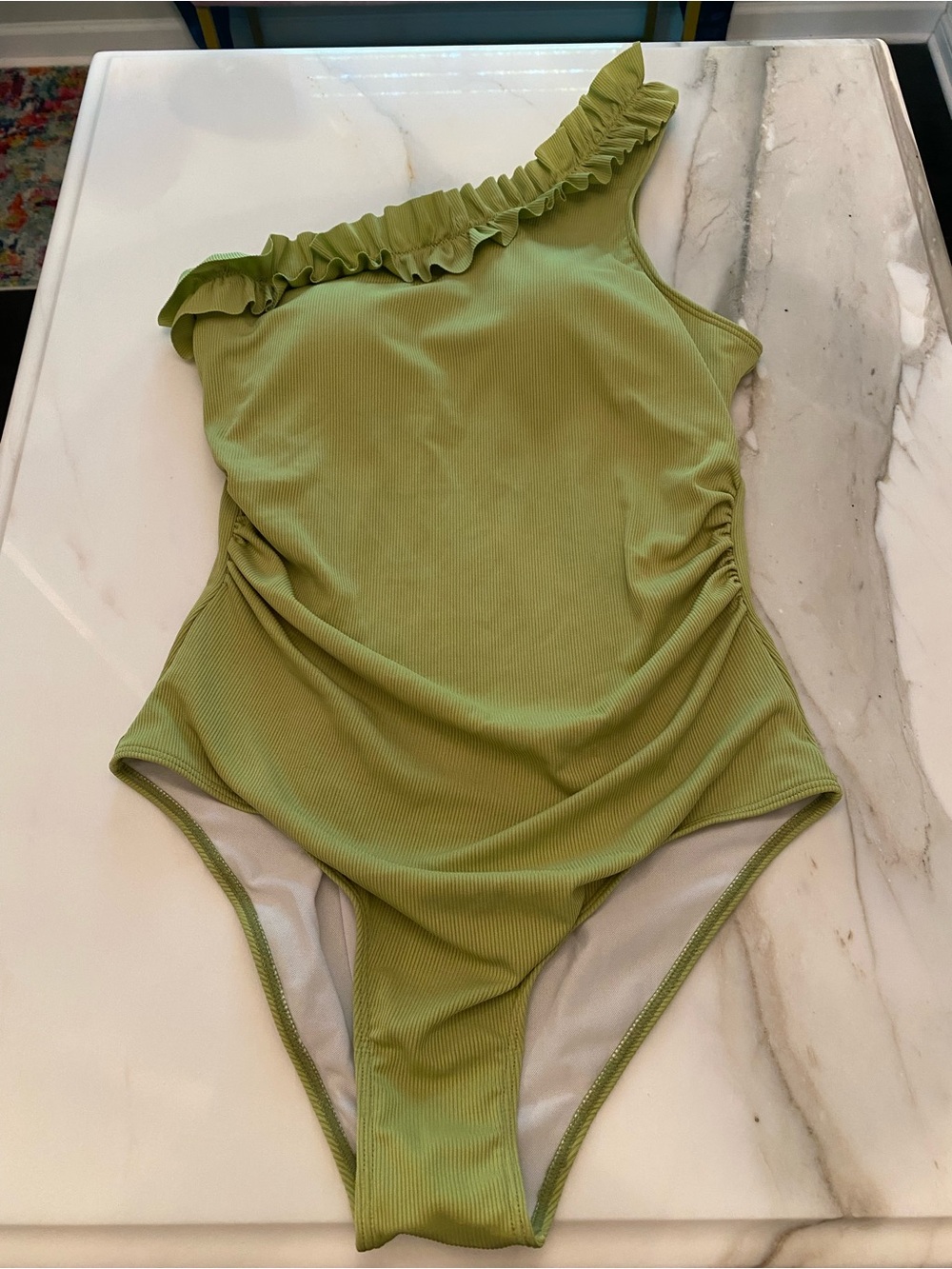 One-Shoulder Ruffle Green One-Piece Swimsuit